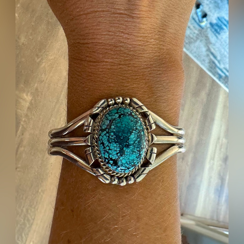 Native American Genuine Turquoise and Sterling Silver Cuff